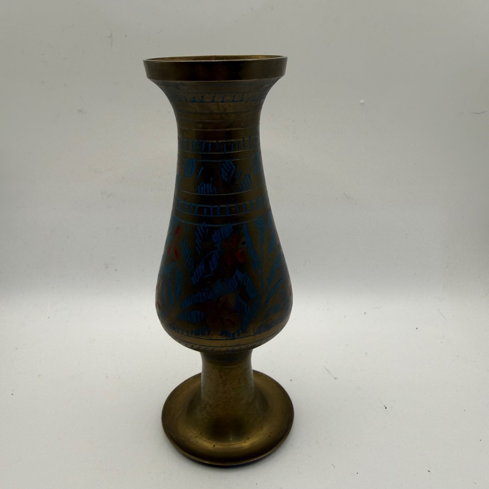 Vintage Hand Etched Brass Bud Vase Blue Red Enamel Inlay Floral Design India